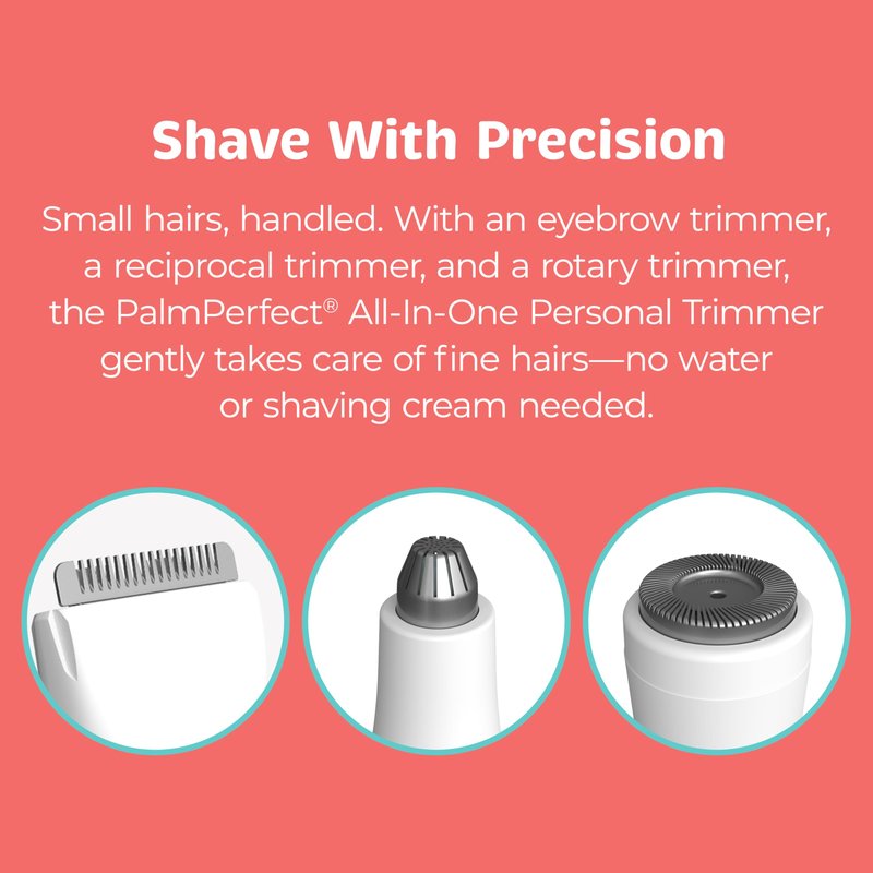 PalmPerfect All-in-One Personal Trimmer for Women – 3-in-1 Facial Hair Remover & Eyebrow Shaper – Wet/Dry Waterproof Grooming Kit with Rotary, Reciprocal & Precision Attachments