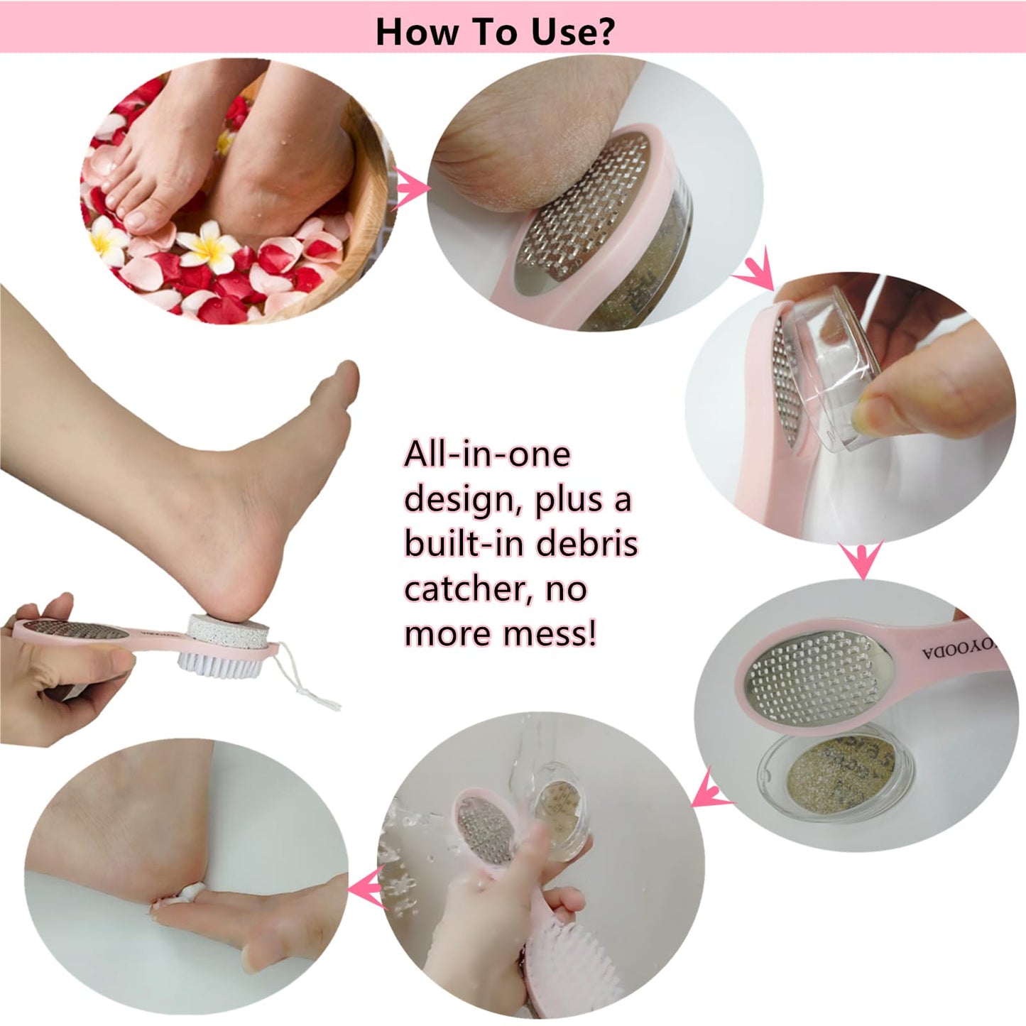 YIOYOODA Foot Scrubber Brush with Pumice Stone for Feet, 5-in-1 Foot File Callus Remover, Stainless Steel Feet Scraper, Cleaning Brush and Sand Paper Debris Catcher, Multi Purpose for Home Foot Care