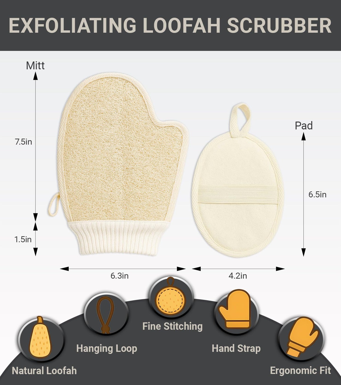 surlees Natural Loofah Bath Exfoliating Glove & Luffa Sponge Set (Mitt & Pad), Premium Body Scrubber with Elastic Band for Women & Men in Shower/Spa
