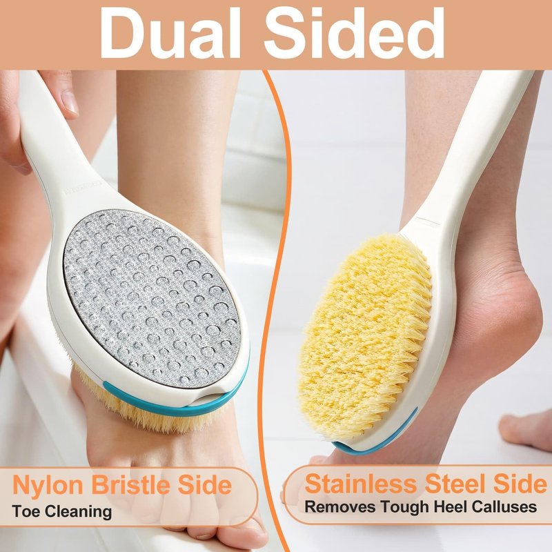 BUBBLEDANCE® Foot Scrubber & Callus Remover, 2-in-1 Long Handle Foot Brush with Stainless Steel Scraper and Hard Nylon Bristles, Exfoliating Feet Scrubber Dead Skin Remover for Shower