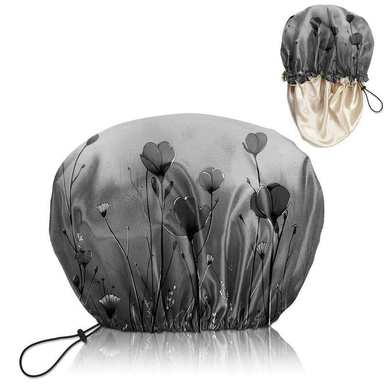 BHAHB Luxury Shower Cap Satin Lined Reusable Waterproof Double Layer Elastic Adjustable Hair Bath Cap Cute Aesthetic Women Girls-Black Flower