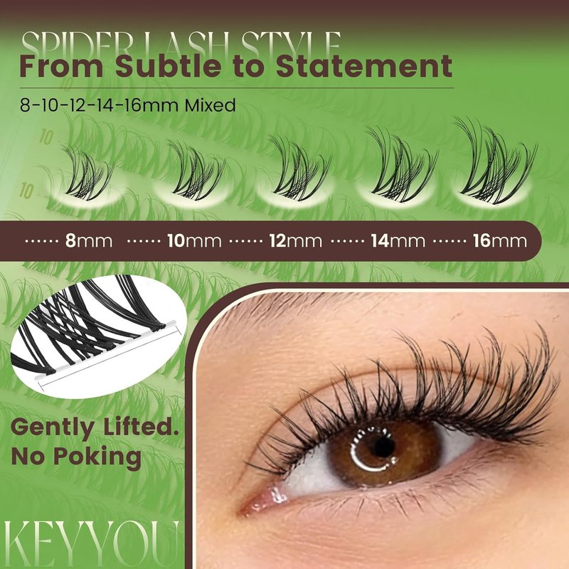 KEYYOU Spider Lash Clusters - Wispy D Curl Eyelash Extensions | Natural Look, 8-16mm Sizes