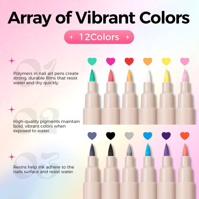 GELLAKTIK 12 Colors Nail Art Pens Set, 3D Nail Polish Pens Quick-Drying Acrylic Paint Markers, Dotting Liner Brush for DIY Nail Design, Home & Salon Manicure Tools