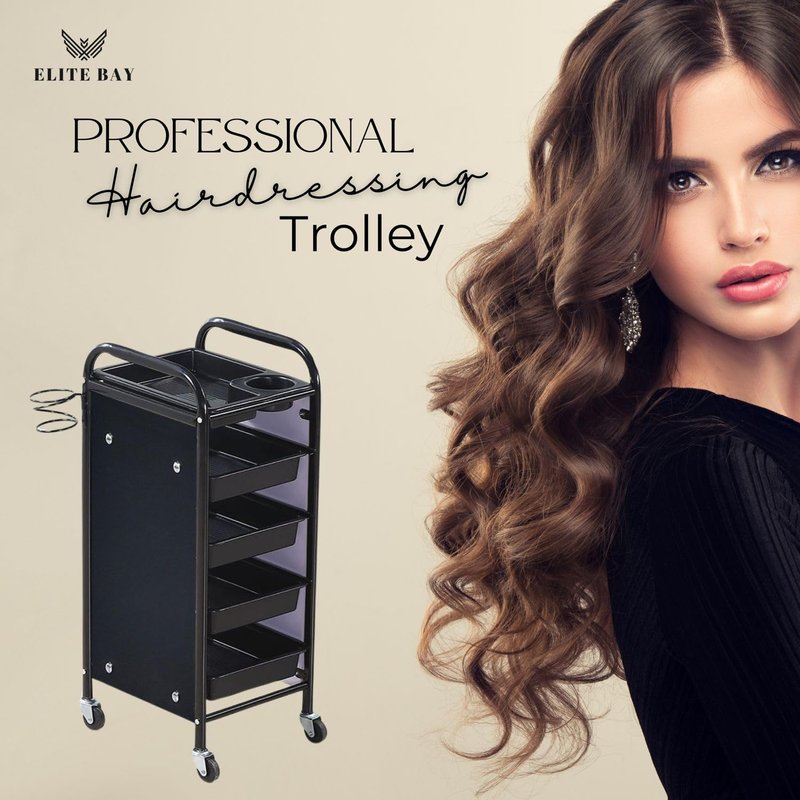 ELITE BAY-Hairdressing Trolley- Metal Salon Rolling Cart Organizer.Durable Beauty Storage Unit with Wheels.Multi-Tier Tray System for Hair Tools, Makeup & Spa Essentials.Black & Gold Finish