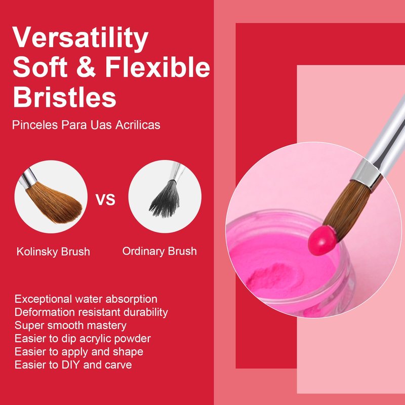 6PCS Acrylic Nail Brush Set, Kolinsky Hair, Oval Crimped Pressed Shaped, Red Metal Handle, Professional Manicure for DIY Home Salon - Sizes 4/8/10/12/14/16