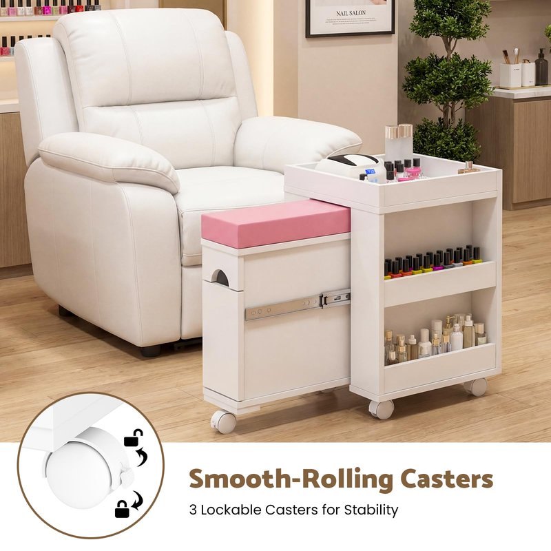 HolaiNail Pedicure Trolley Cart with Foot Rest, Wheels, Storage Shelves & Cabinet, Extendable Mobile Pedicure Foot Stool Stand Manicure Station for Nail Tech/Home Salon, 26.3" L