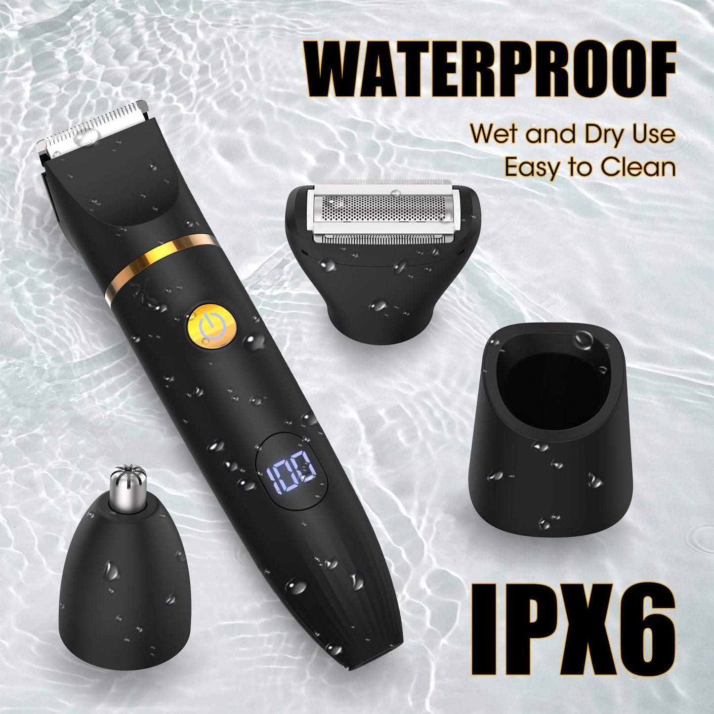 Qreeyx Manscape Body Trimmer for Men, 3 in 1 Men's Grooming Kit with Pubic/Nose Hair Trimmer & Ball Shaver for Nose/Balls/Groin/Legs/Chest Hair Removal, LED Display, IPX6 Waterproof, Gifts for Him Dad