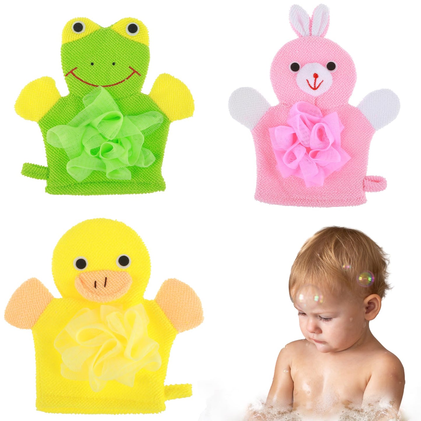 Qianyu 3pcs Bath Mitt Washcloth Glove Exfoliating Glove Body Scrubber Cute Cartoon Design Exfoliating Glove Gentle Soft Scrub Loofah Bath Sponge for Kid Shower Washing Easy Lather (Yellow/Green/Pink)