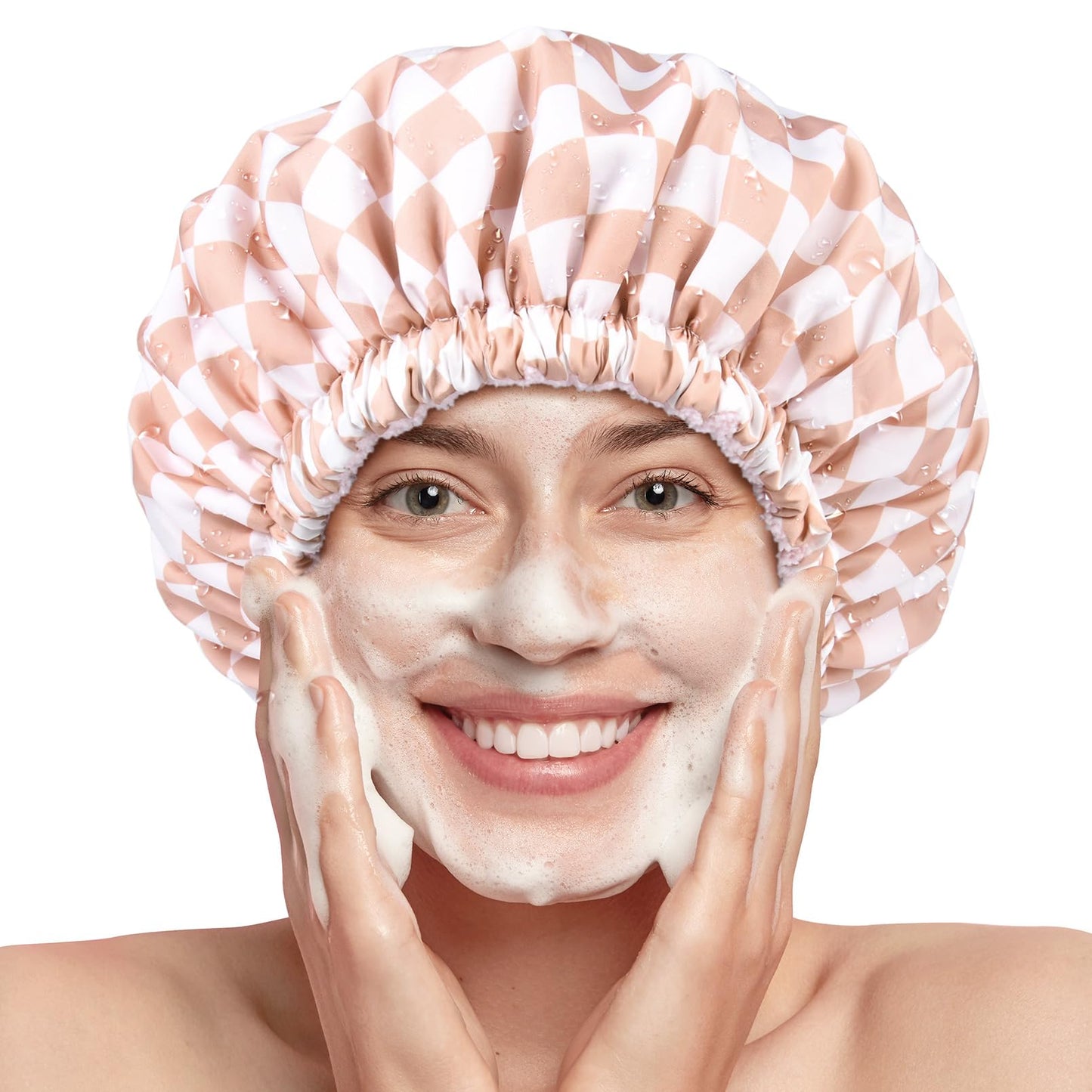 Shower Cap for Women Terry Lined Bath Cap Large Reusable Waterproof Elastic Pink Checkered Band Shower Caps for Long Thick Hair Soft Bath Shower Hair Caps