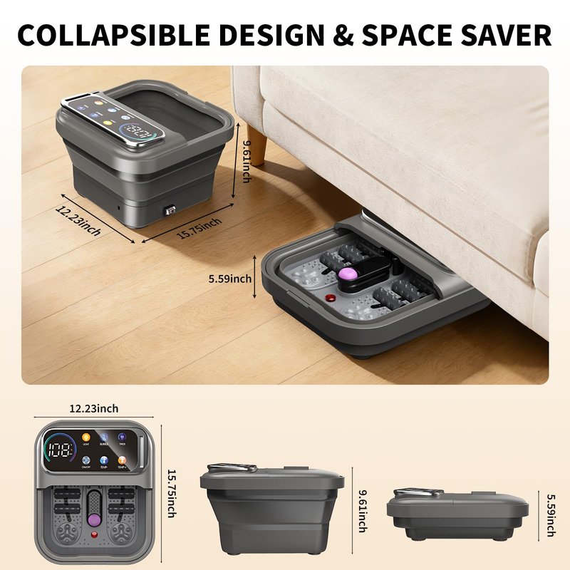 Omnqira Collapsible Foot Spa Bath with Heat and Bubbles, Portable Foot Soaker Tub with XL Touch Screen, Temp Control & Massage Rollers, At-Home Pedicure Spa for Stress Relief