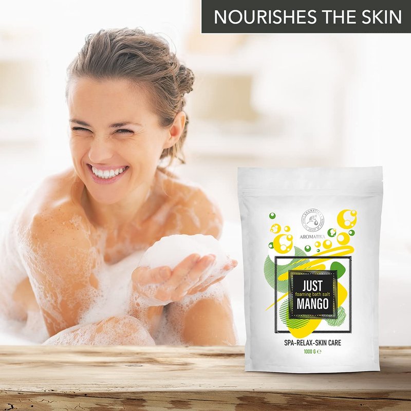 Foaming Bath Sea Salt Mango 35 Oz (1000g) - Bubble Bath Salts with Almond & Grape Seed Essential Oil & Mango Fruit Extract for Bath Soak - Relaxing Bath - Relaxation - Aromatherapy Bath Salts