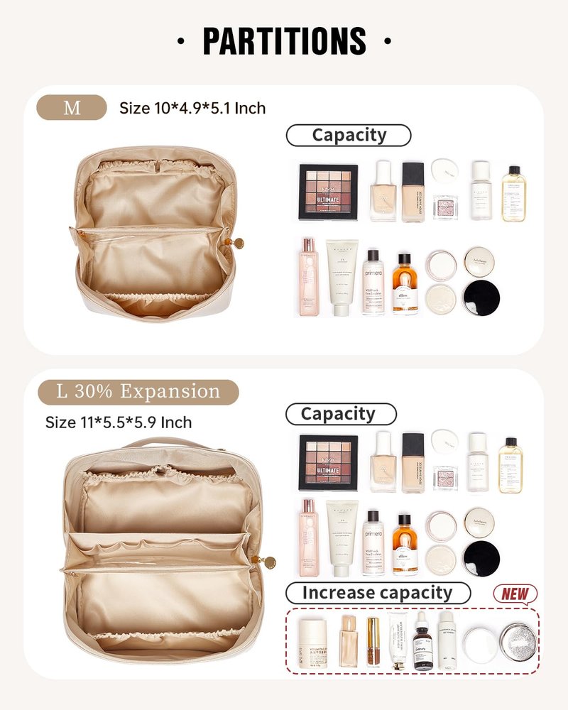 EACHY Travel Makeup Bag, Large Capacity Cosmetic Bags for Women, Waterproof Portable Open Flat Toiletry Bag Make up Bag with Divider and Handle, Gifts for Women (White, Large)