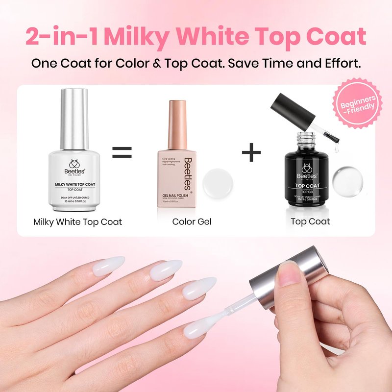Beetles Milky White Gel Top Coat 15ML - 2-in-1 No Wipe Top Coat Gel Nail Polish Non Yellowing White Shine Finish and Long Lasting, Soak Off UV LED Nail Lamp, Nails Art Design Manicure Gifts for Women