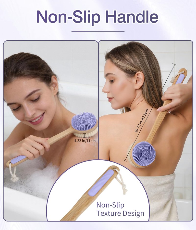 EaTubano Back Scrubber for Shower - Double-Sided Silicone and Super-Dense Bristles for Deep Cleaning & Exfoliation, Bamboo Long Handle with Wider Anti-Slip Grip, Rich Foam, Durable (Purple)