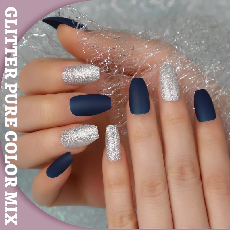 Press On Nails - 288PCS Matte Medium Length Acrylic Ballerina Coffin Nails | Glitter Full Cover Design