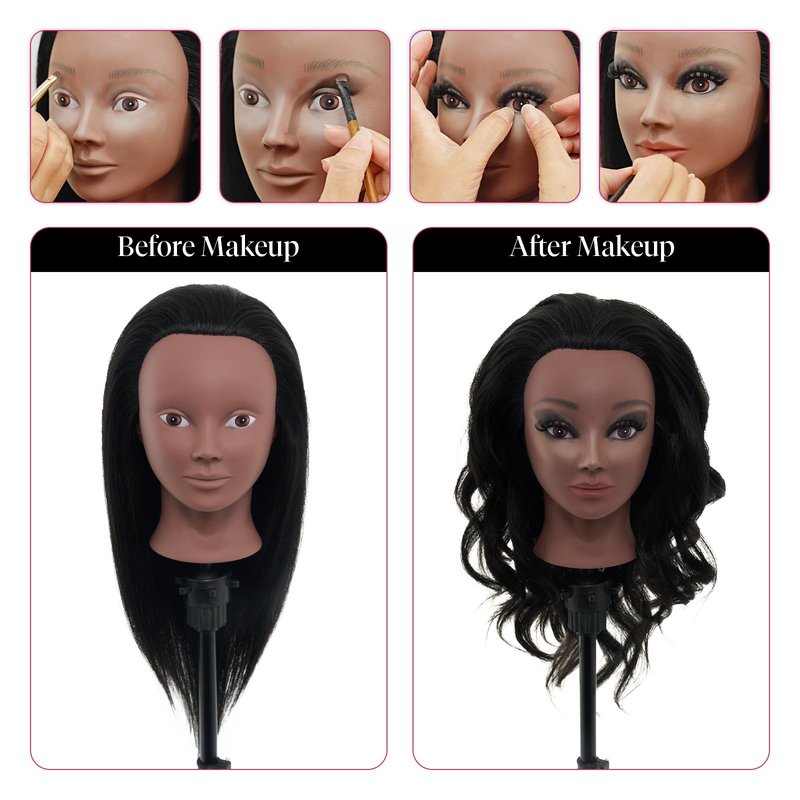 18" Mannequin Head Human Hair with Stand - 100% Real Hair Mannequin Head for Makeup Practice, Cosmetology Manikin Doll Head for Hair Styling, Hairdressing Training Head for Braiding with Tripod,Black