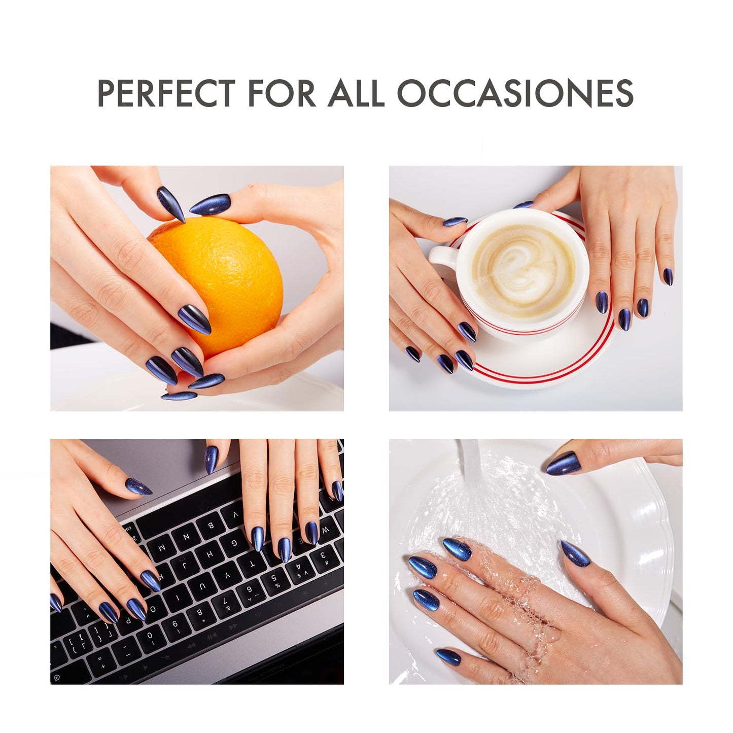 VSALON Press On Nails - Short Almond Blue Cat Eye Chrome Kit | 32 PCS Reusable Gel Nails with Glue & Cuticle Oil