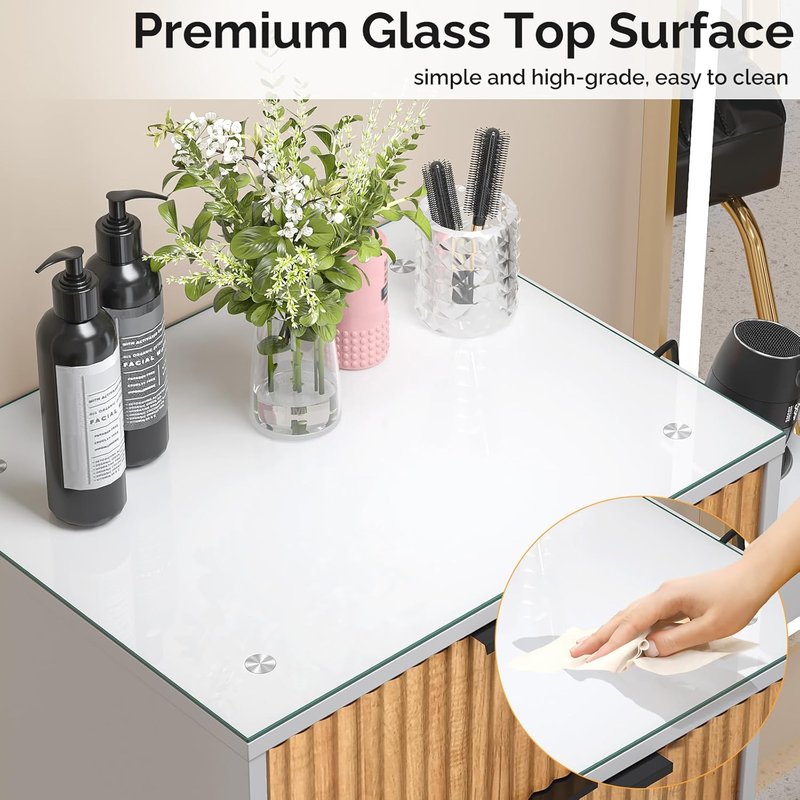 OmySalon Barber Station - Modern Retro Hair Stylist Storage Cabinet with Glass Top & Drawers | White