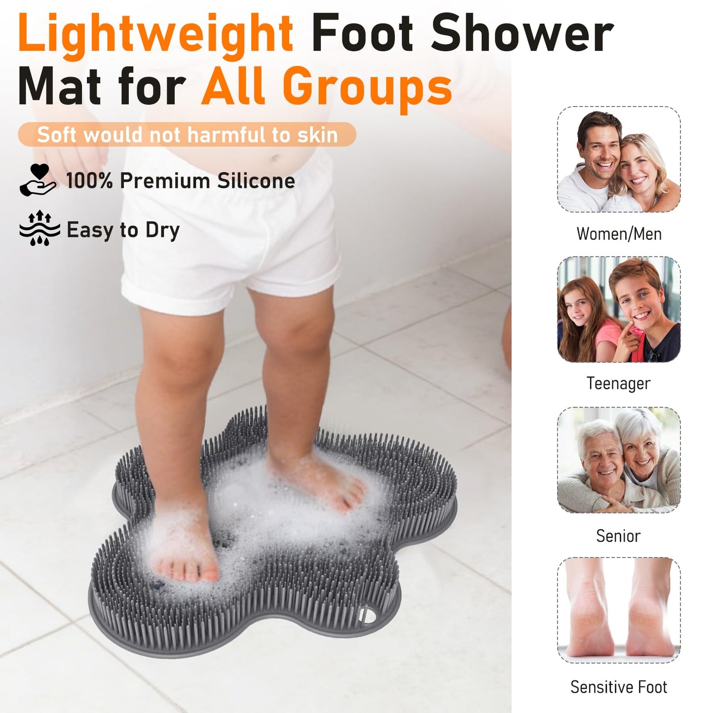 Shower Foot Scrubber Mat Silicone Back Exfoliating Cleaner, Feet Message Bath Washer Pad with Suction Cups for Wall Non-Slip - Itchy Toes Dead Skin Beauty Deep Clean Soft Bristles 14.2 * 11.2in Grey