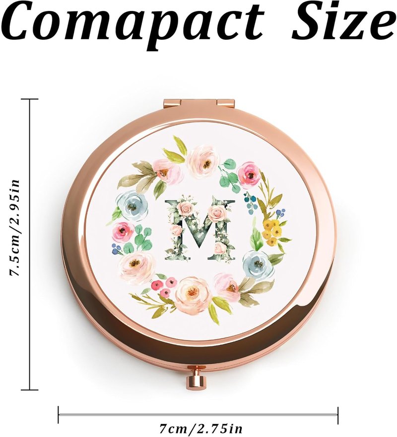 Personalized Gift for Women Girls Her, Custom Gifts for Adult Teen, Floral Monogram Alphabet Initial Compact Mirror for Birthday, Graduation, Mothers Day, Basket Stuffers