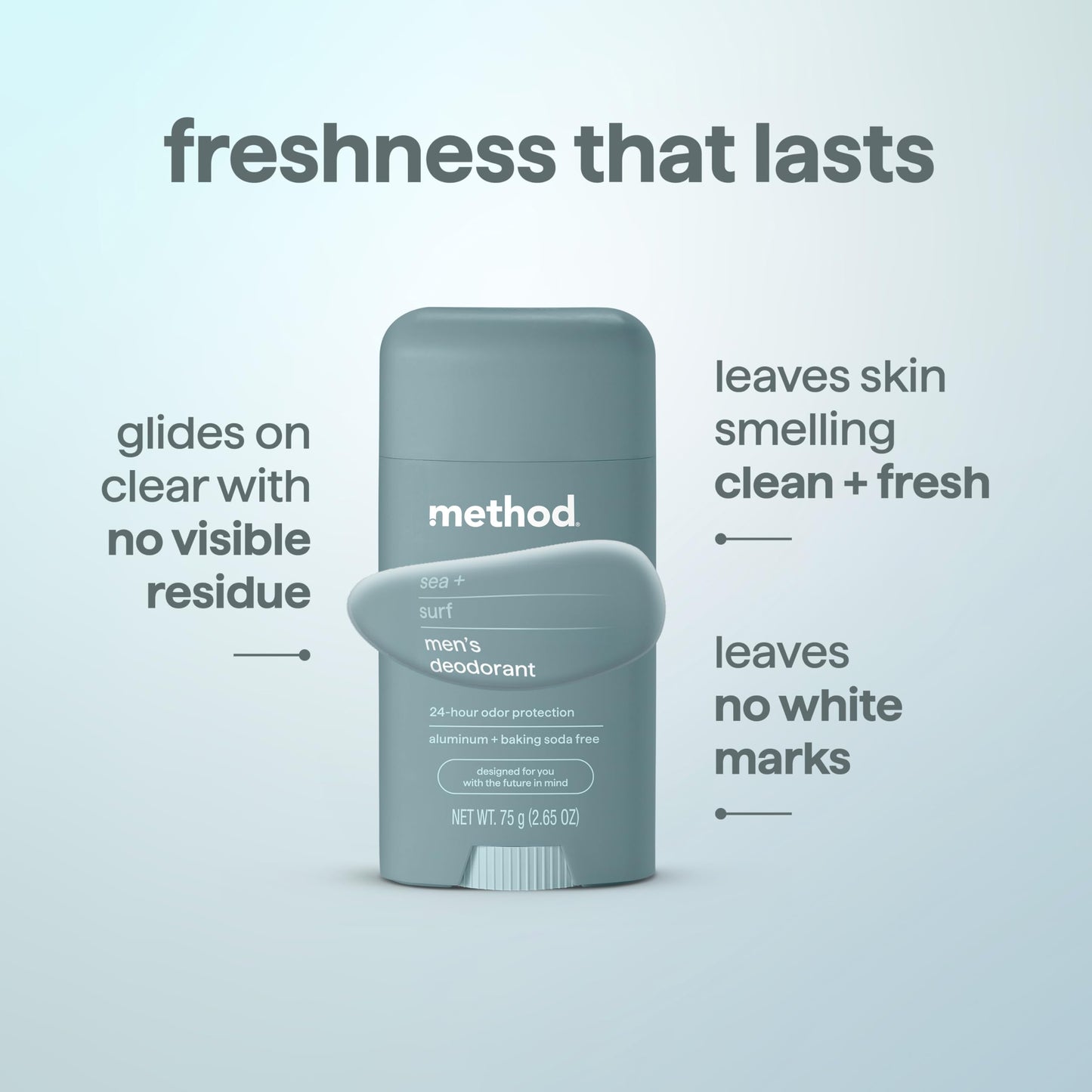 method Men's Deodorant Stick, Sea + Surf - 24-Hour Odor Protection, Aluminum & Baking Soda Free, for Sensitive Skin, Leaves No Residue, 2.65 oz