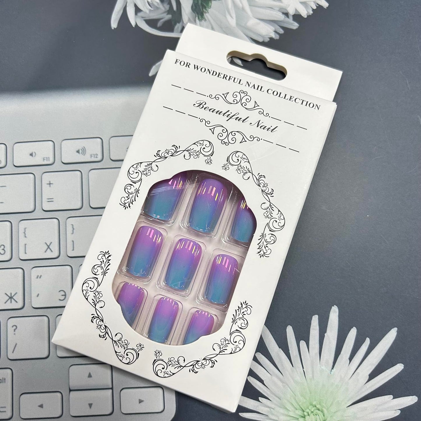 TBRZTR Blue Purple Gradient Press on Nails Medium Length Glossy False Nails Artificial Acrylic Nails Square Nails 24Pcs Full Cover Reusable Coffin Fake Nails Glue on Nails for Women Kit