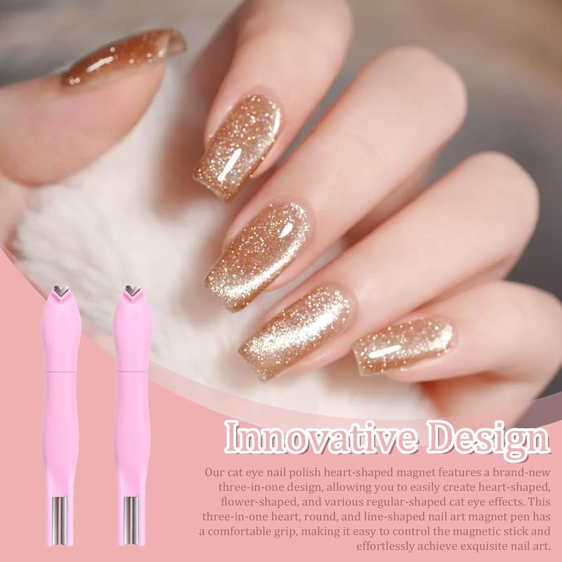 Skiennix 3-in-1 Cat Eye Nail Magnet - Versatile Heart, Round & Line Shapes | 2-Piece Nail Art Tool Set