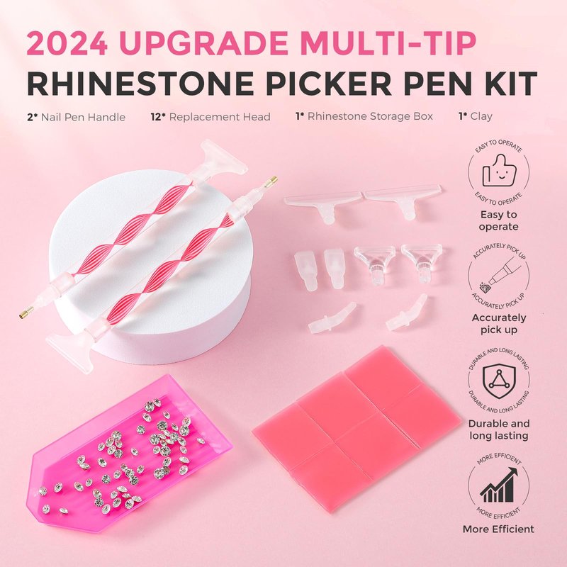 Rhinestone Picker Tool Kit: 2Pcs Rhinestone Picker Handle, Dual-Ended Rhinestones Applicator Bedazzling Tools Pen with 12 Upgraded Plastic Replacement Tips, Clay Nail Art Craft (Red)