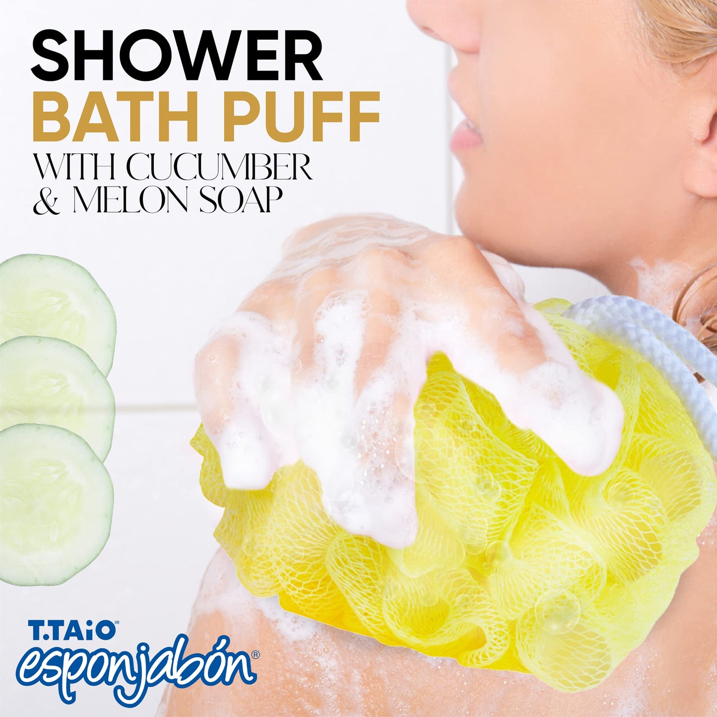 T.Taio Esponjabon Shower Bath Puff Soap Sponge - Loofah Luffa Loufa Body Wash Ball - Mesh Pouf Scrubber for Full Cleanse Lather Skin Care - Beauty Bathroom Accessories - Cucumber & Melon Soap