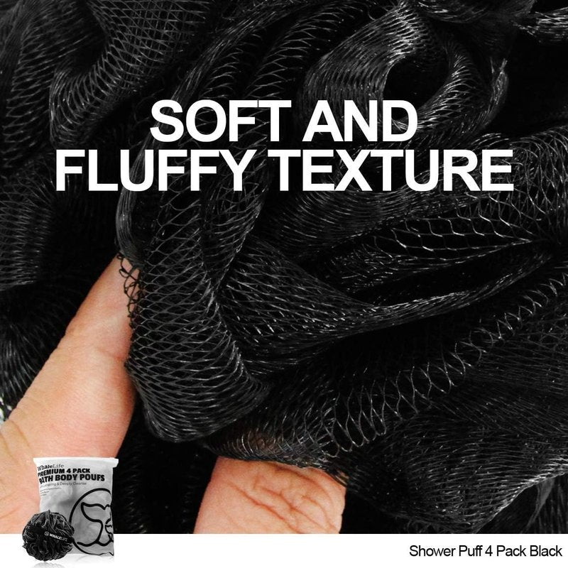 Loofah Bath Sponges - Gentle Exfoliating Shower Scrubber for Rich Lather | Durable Mesh Body Scrubber, 4 Pack - Black