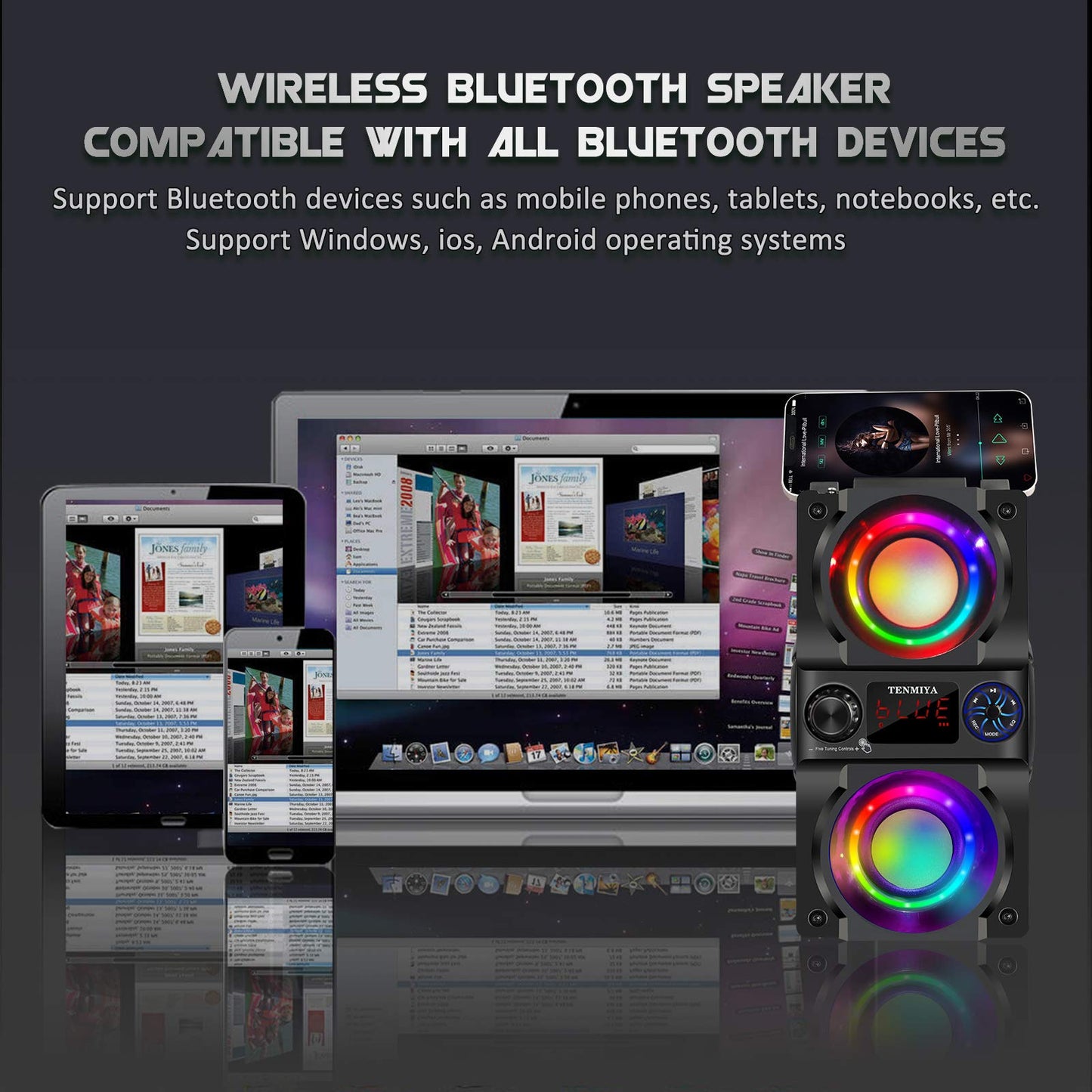 Bluetooth Speaker, 40W (60W Peak) Portable Wireless Speaker with Colorful Lights, Double Subwoofer Heavy Bass, FM Radio, MP3 Player, Bluetooth 5.0, Loud Stereo speakers for Home Outdoor Party Camping