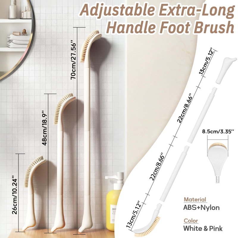 GEENOA New Foot Brush & Foot Files Set(3PCS), 3-IN-1 Foot Scrubber with Long Handle, 10.2’’-27.5’’Adjustable Foot Scrub Brush and 2 Upgrade Foot File Callus Remover, Gift-Box Packed(White+2*Foot File)