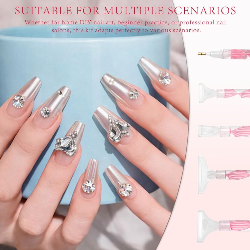 Rhinestone Applicator Tool Set(Pink)–2 Dual-Ended Picker Handles with 12 Plastic Tips, Adhesive Clay and Bedazzling Accessories for Nail Art Crafts