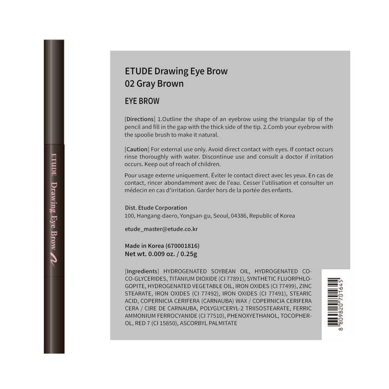 ETUDE Drawing Eye Brow, Eyebrow Pencil, Microblading, Long Lasting, Soft Textured Natural Daily Look, Korean Makeup, Beauty, Gray Brown (0.008 Ounce)