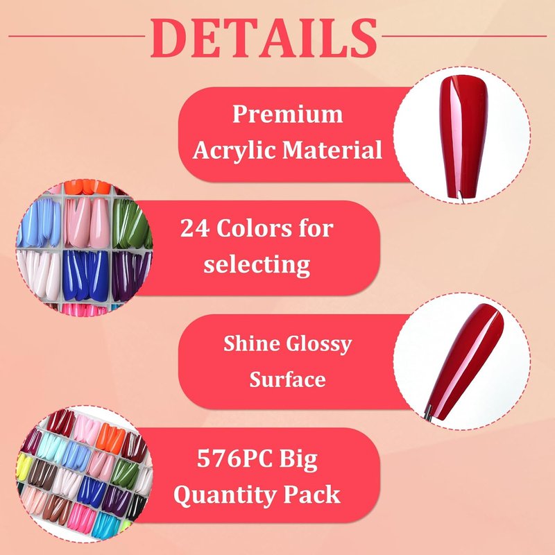 Skiennix 576pc Coffin Press-On Nails | Long Acrylic Fake Nails in 24 Colors with Glue & Tabs