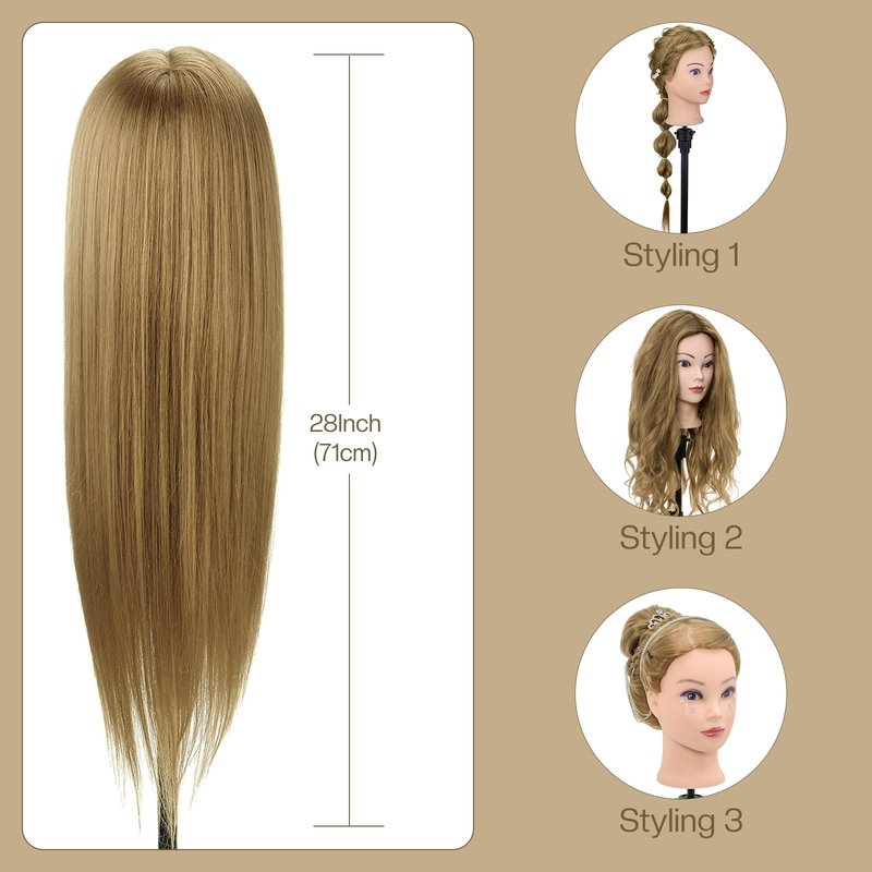 24" Mannequin Head -80% Real Hair Doll head for hair Styling, Cosmetology Mannequin Head with Hair for Braiding Curling,Cuting with Table Clamp Styling Set