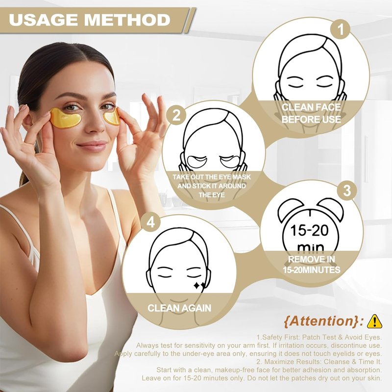 24K Gold Under Eye Patches - Rejuvenate Dark Circles & Puffiness with Collagen & Hyaluronic Acid - 20 Pairs