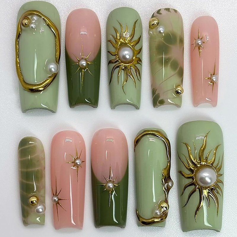 Green French Tip Press On Nails Long Coffin - Gilding Sunburst Fake Nails with Pearl & Gold Bead Accents, 24 Pcs Reusable Glossy Glue on Nails for Women Manicure Art Decorations