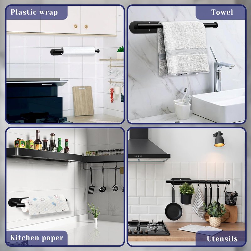 Paper Towel Holder, Self Adhesive or Drilling Paper Towel Holder Under Cabinet, Stainless Steel Black Paper Towel Holders Wall Mount for Kitchen, Bathroom, Sink, Pantry, Fridge