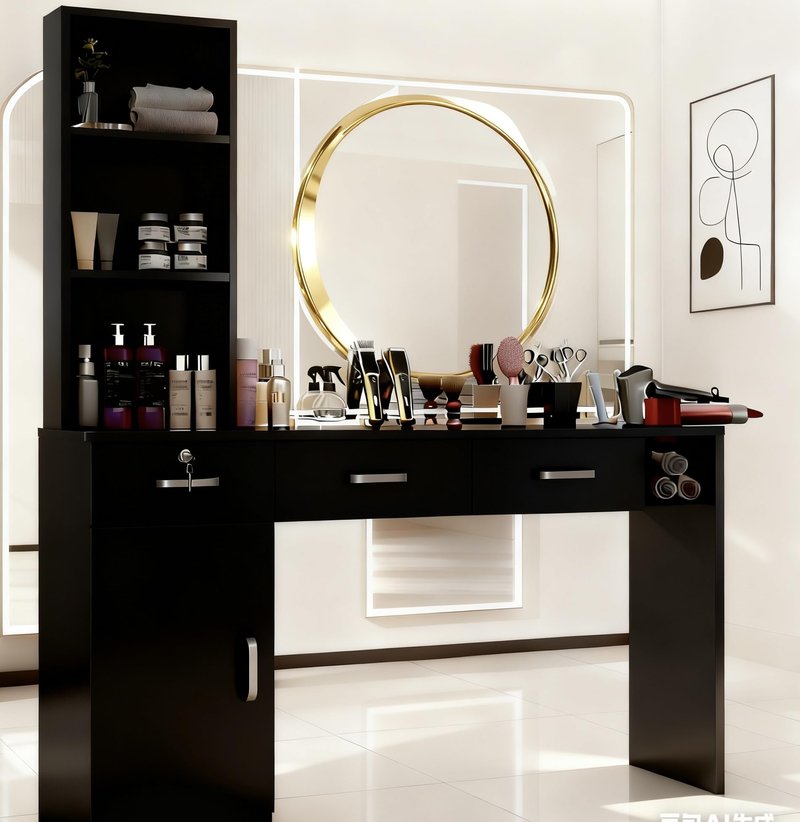 Barber Salon Station for Hair Stylist, Salon Wall Mount Station with Barber Cabinet and Barber Desk, Hair Salon Stations Equipment with Holders, Drawers, Beauty Station Without Mirror