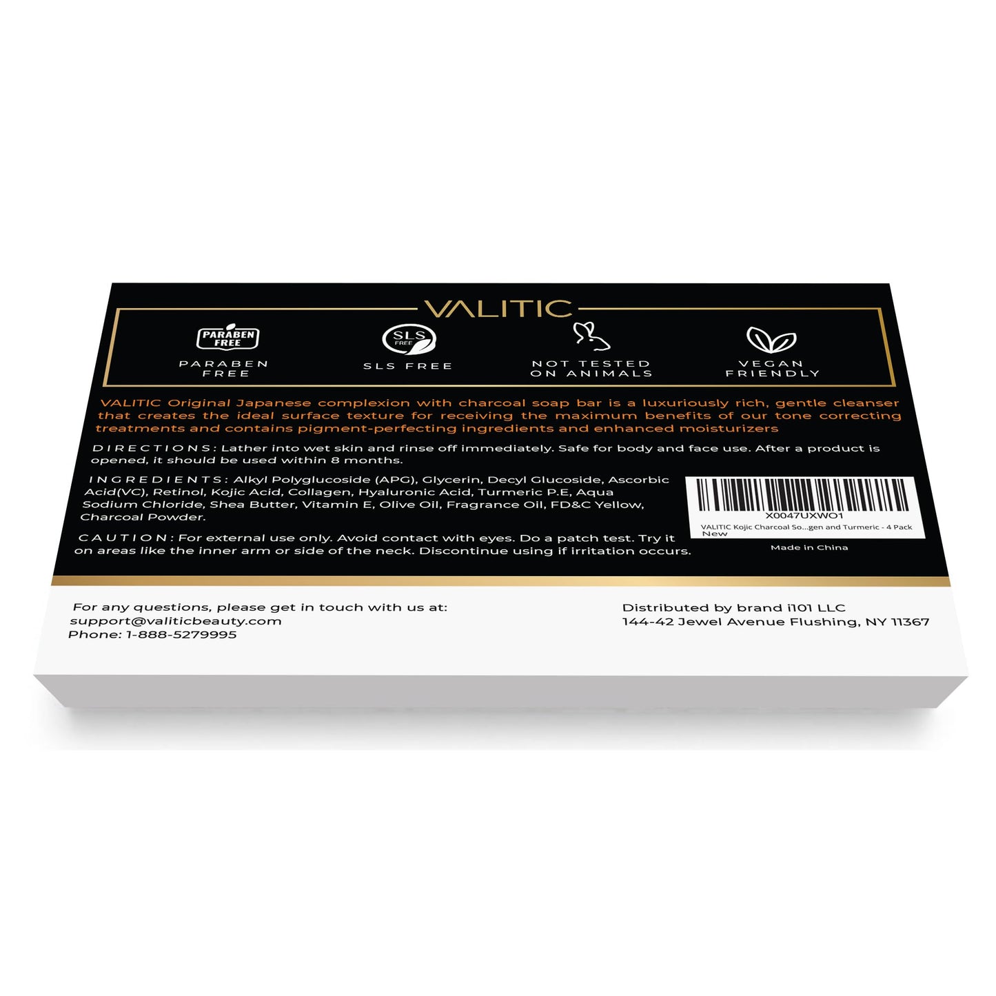 VALITIC Charcoal Kojic Acid Turmeric Black Soap Bar Dark Spot Remover for Body or Face Wash - 4 Pack