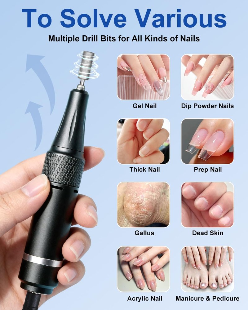 Professional Grade Electric Nail Drill Kit 35000RPM with 14PCS Bits White Portable Rechargeable Cordless File Machine for Acrylic Gel Powder Nails and Manicure Pedicure Toenail Tool Salon Set