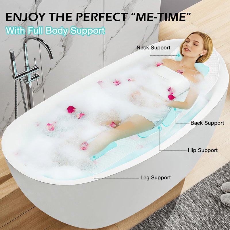 Full Body Bath Pillow for Bathtub, Thick Soft Tub Cushion with Non-Slip Suction Cups Dual Hooks, Luxury Spa Pillow for Neck Back and Hip Support, 55" x 18"