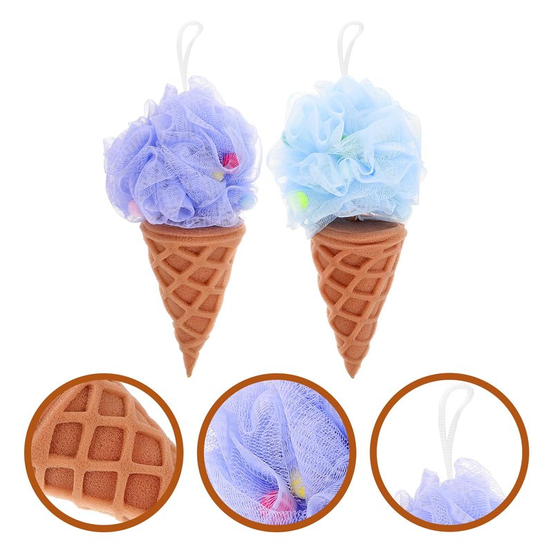 Beavorty Ice Cream Loofah Shower Sponge 2-Pack Household Bath Balls with Lanyard for Gentle Exfoliation and Quick Drying 11.02X4.72 Inches