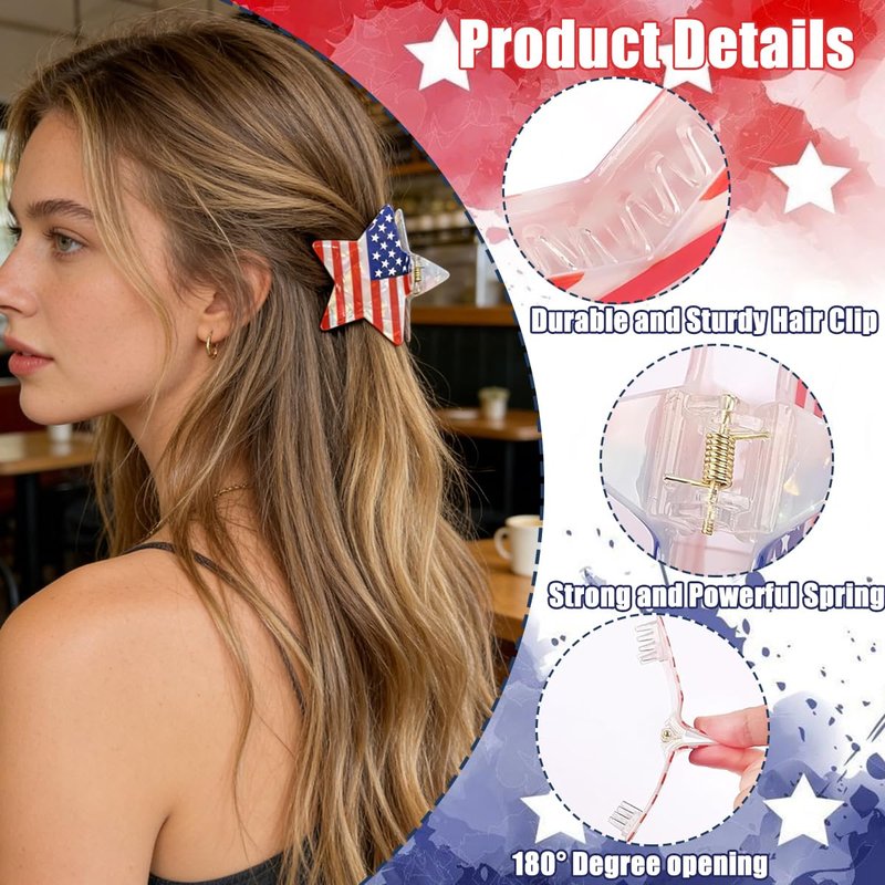 American Flag Star Hair Clip 4th of July Patriotic Hair Accessories for Women Independence Day Red White Blue Acrylic Hair Claw Clips for Thick Thin Hair USA Flag Hair Barrettes for Holiday Party Gift