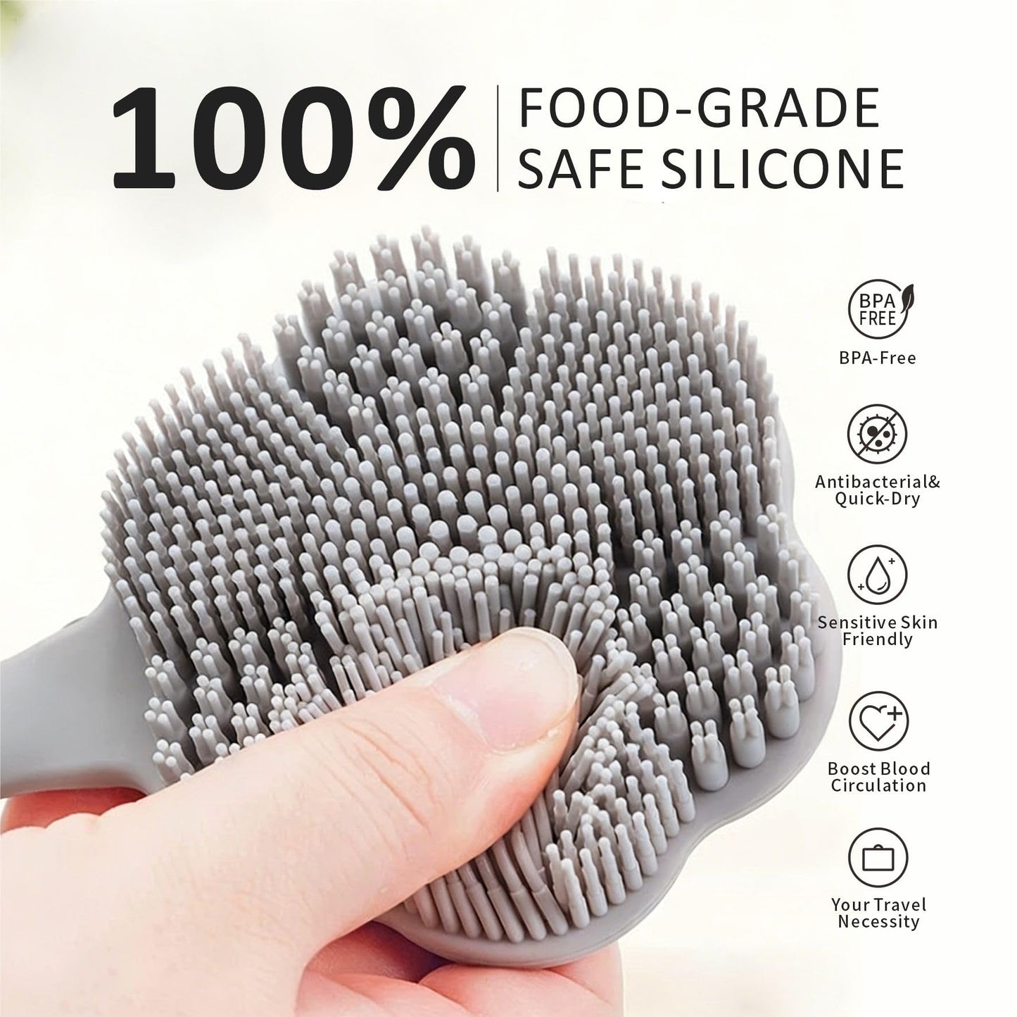 Back Body Scrubber & Face Scrubber for Shower - 15 Inch Long Handle Double Sided Silicone Body Brush for Exfoliation & Massage, Soft Facial Cleansing Brush, Rich Lathering for Deep Cleansing (Gray)