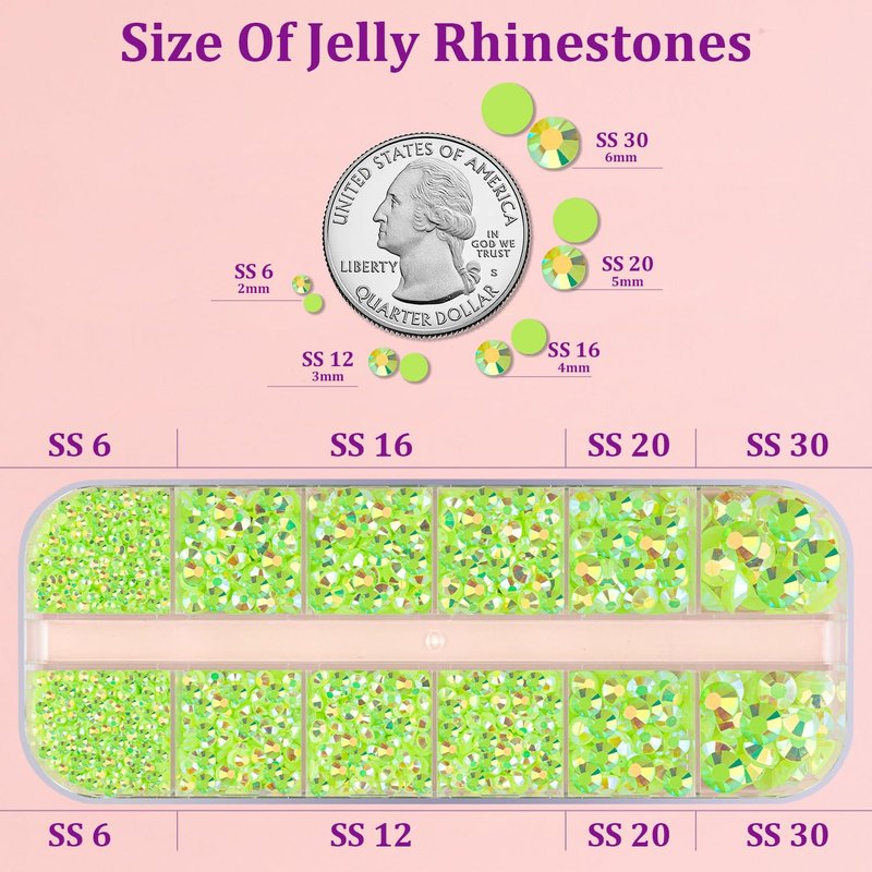 Resin Jelly Rhinestones for Crafting with B7000 Jewelry Glue, 1 Box Fluorescent Green AB Flatback Crystal with 3Pcs 10ml Glue, Bedazzling Non Hotfix Gems for DIY Tumblers Clothing Shoes Manicure