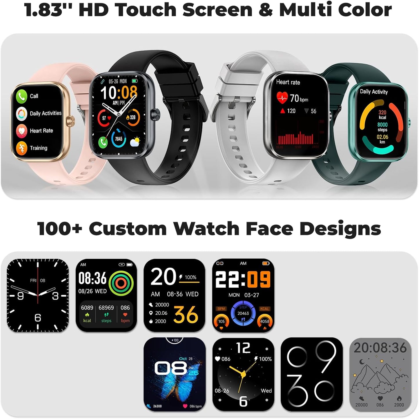 Smart Watch for Men & Women - 1.83” HD Touchscreen Fitness Tracker with Bluetooth Calls & 110+ Sport Modes | IP68 Waterproof, Grey & Black