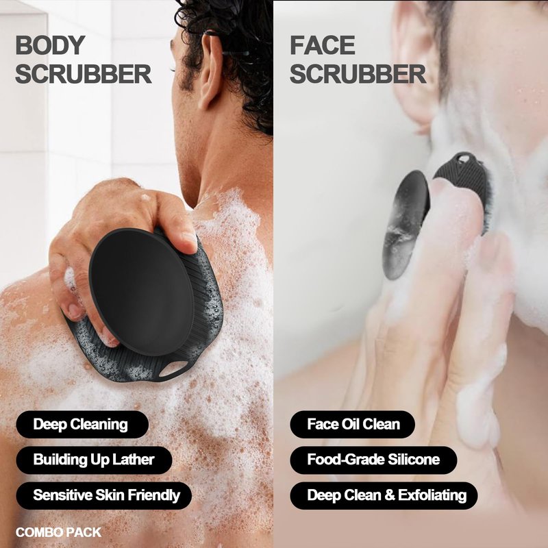 ARIOSOX, Soft Silicone Body Scrubber, Face Scrubber Silicone, Gentle Texture Exfoliating Body Scrubber for Men and Women On Sensitive Skin, Back Large Suction Cup for Easy Dry and Store (Black)