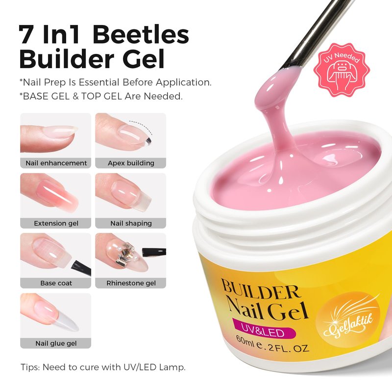 GELLAKTIK Builder Gel for Nails, 60g Light Pink Hard Gel for Nail Extension with 10 Nail Forms, Strengthener & Thickening, UV LED Lamp Cured Sculpture, Repair Broken Nails, Salon DIY Manicure Kit